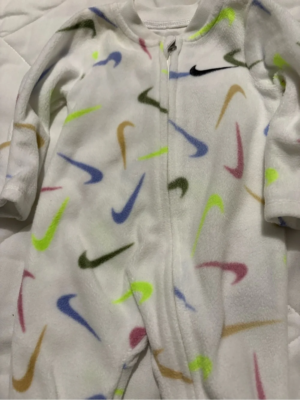 Nike White Baby Footed Fleece One-Piece with Multicolor Swooshes
